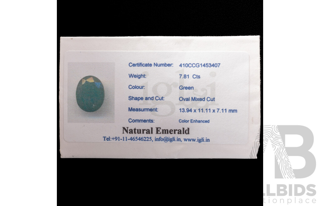 Emerald, Natural Unset Oval Cut Gemstone, 7.81ct - with IGL&I Card