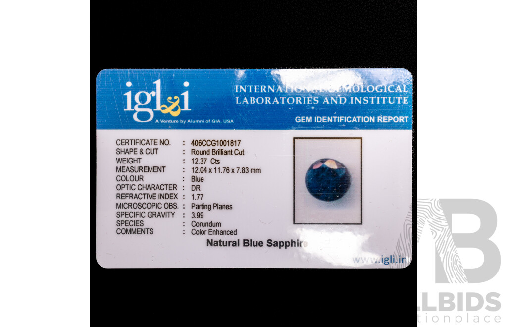 Sapphire, Natural Corundum Dark Blue Unset Round Cut Gemstone, 12.37ct - with IGL&I Card