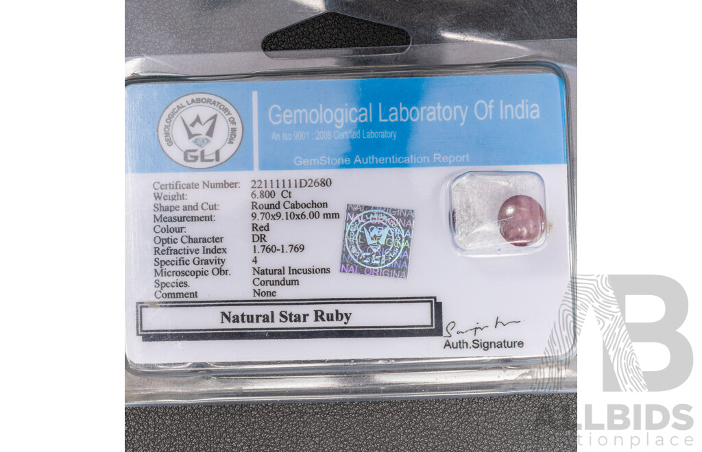Ruby, Natural Star Unset Round Cabochon Gemstone, 6.8ct - with IGL&I Card