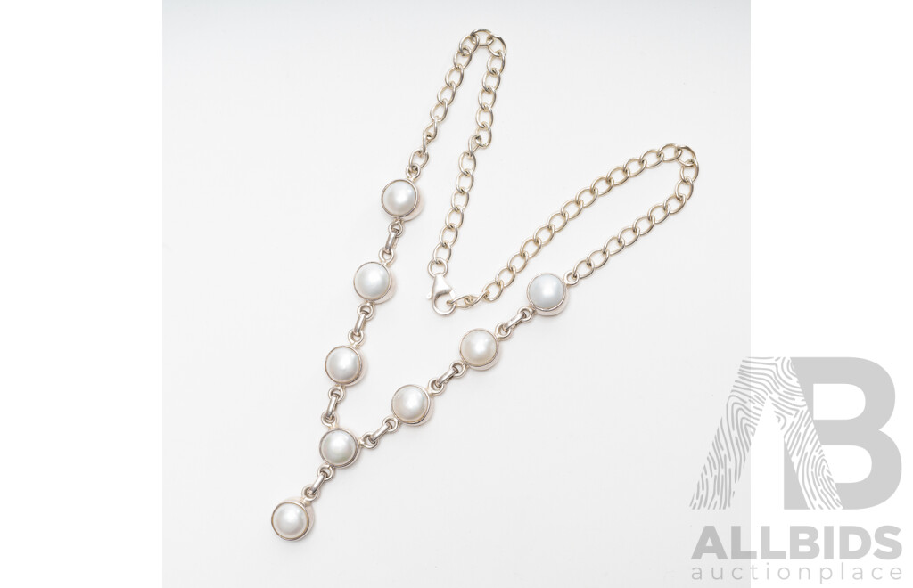 Sterling Silver Mabe Pearl Necklace with Drop Pendant, 40cm Long, 28.32 Grams