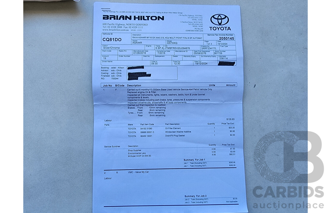 7/2016 Toyota Rav4 GX (4x4) ASA44R MY16 4d Wagon Silver 2.5L