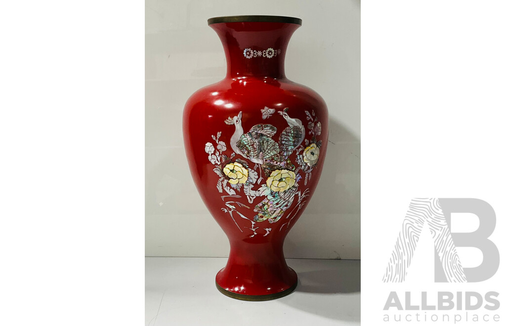 Brass and Lacquer Vase with Mother of Pearl Design