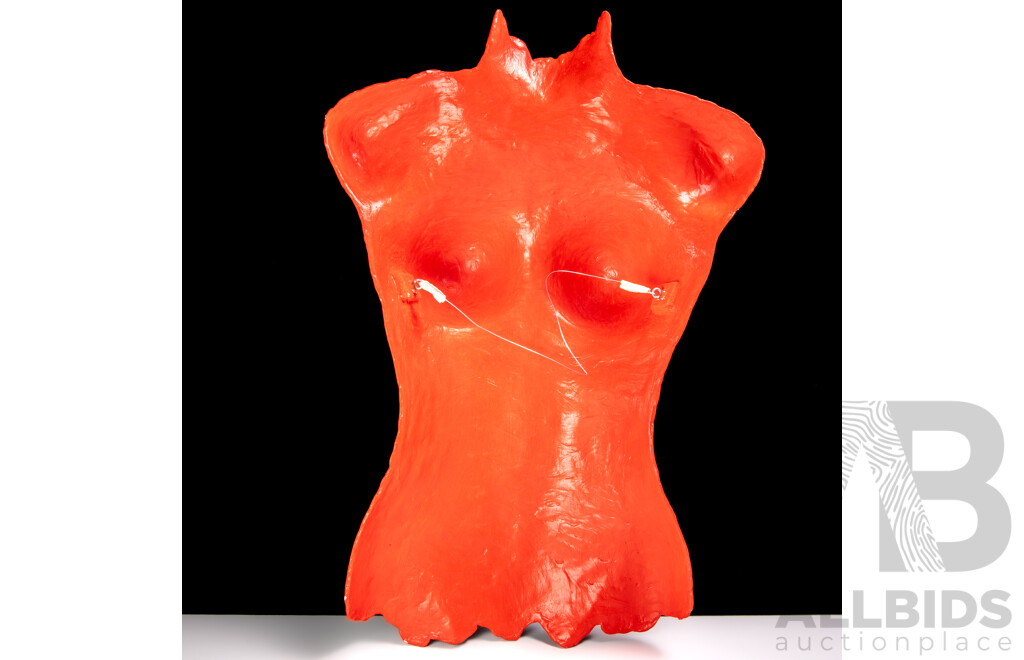 Fibreglass Female Torso Mould in Red, Initialled to Lower Portion