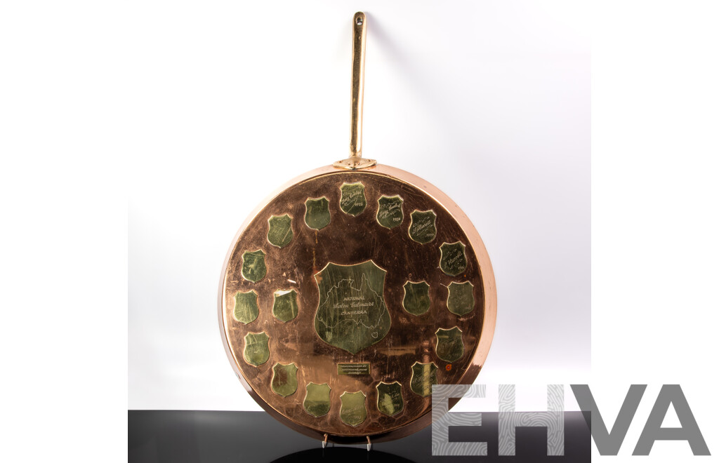 Large Heavy Copper Frying Pan Commemorating the Canberra Salon Culinaire Winners 1976 to 1993 on the Rear