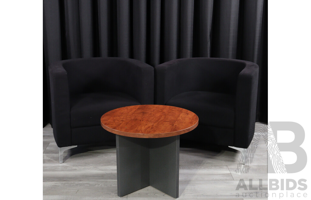 Pair of Modern Black Fabric Reception Tub Chairs with Occasional Table
