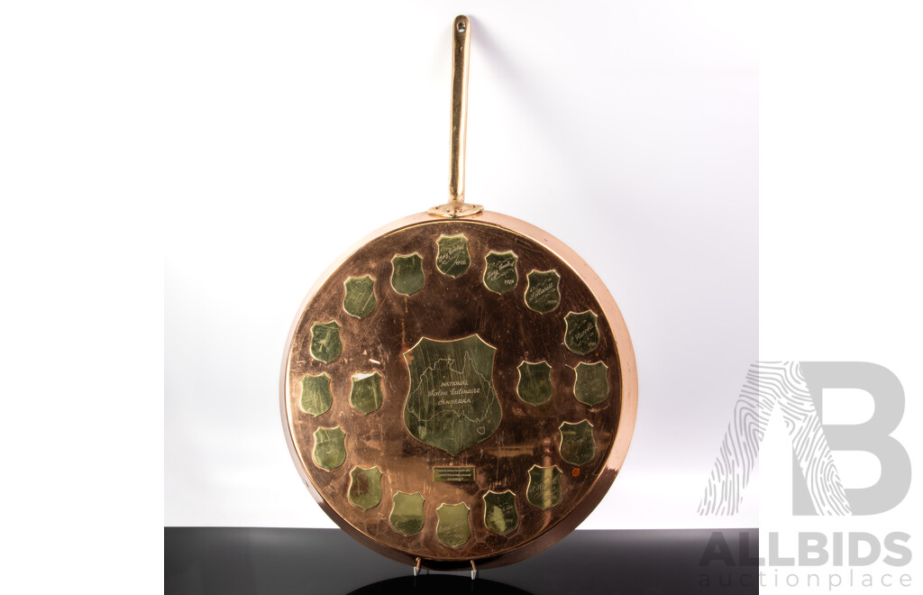 Large Heavy Copper Frying Pan Commemorating the Canberra Salon Culinaire Winners 1976 to 1993 on the Rear