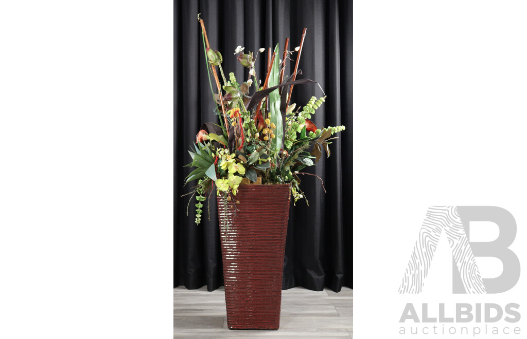 Large Glazed Planter with Faux Plants