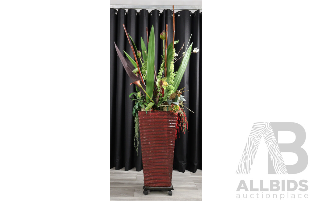 Large Glazed Planter with Faux Plants