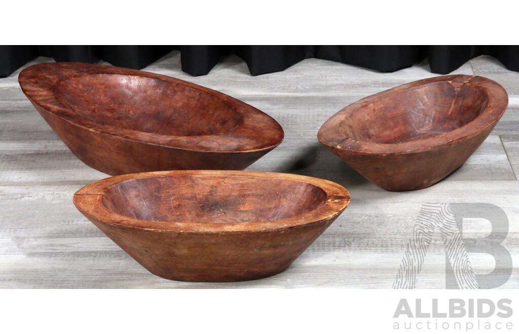 Trio of Large Oval Shaped Carved Bowls
