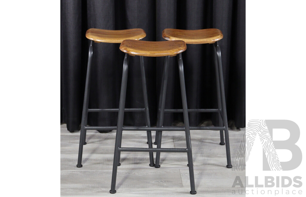 Trio of Timber Top Stools on Metal Bases