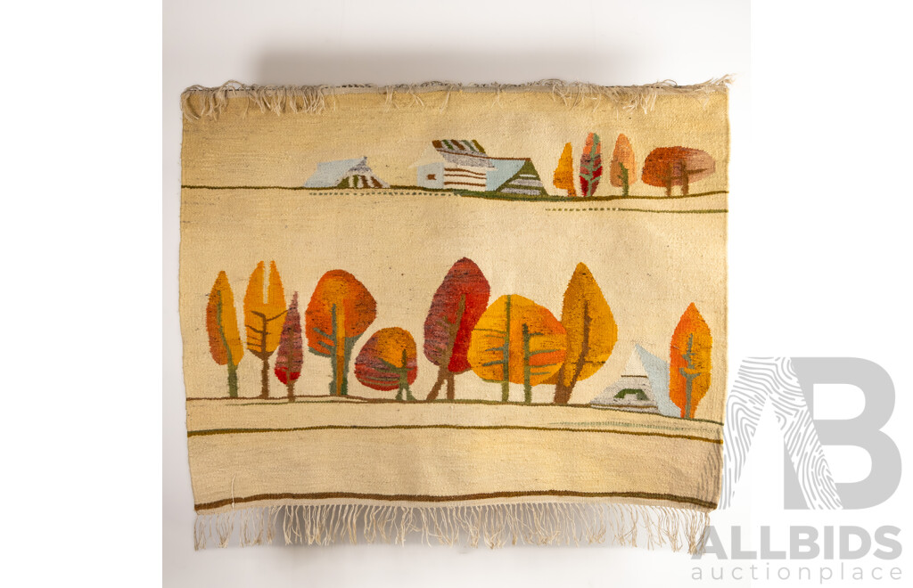 Artist Unknown, (20th Century), Homes Between Autumn Trees, Mid-Century Hand-Woven Wall Hanging, 92 X 188 Cm
