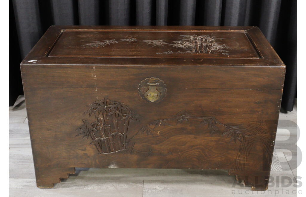 Vintage Chinese Camphorwood Trunk with Carved Detail