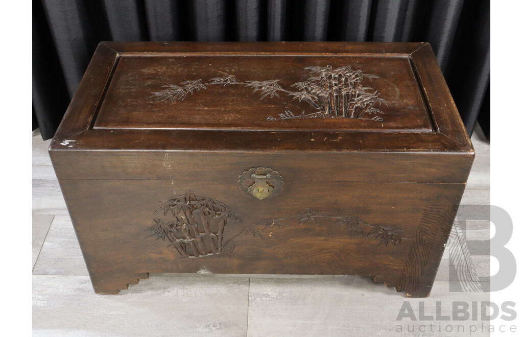 Vintage Chinese Camphorwood Trunk with Carved Detail
