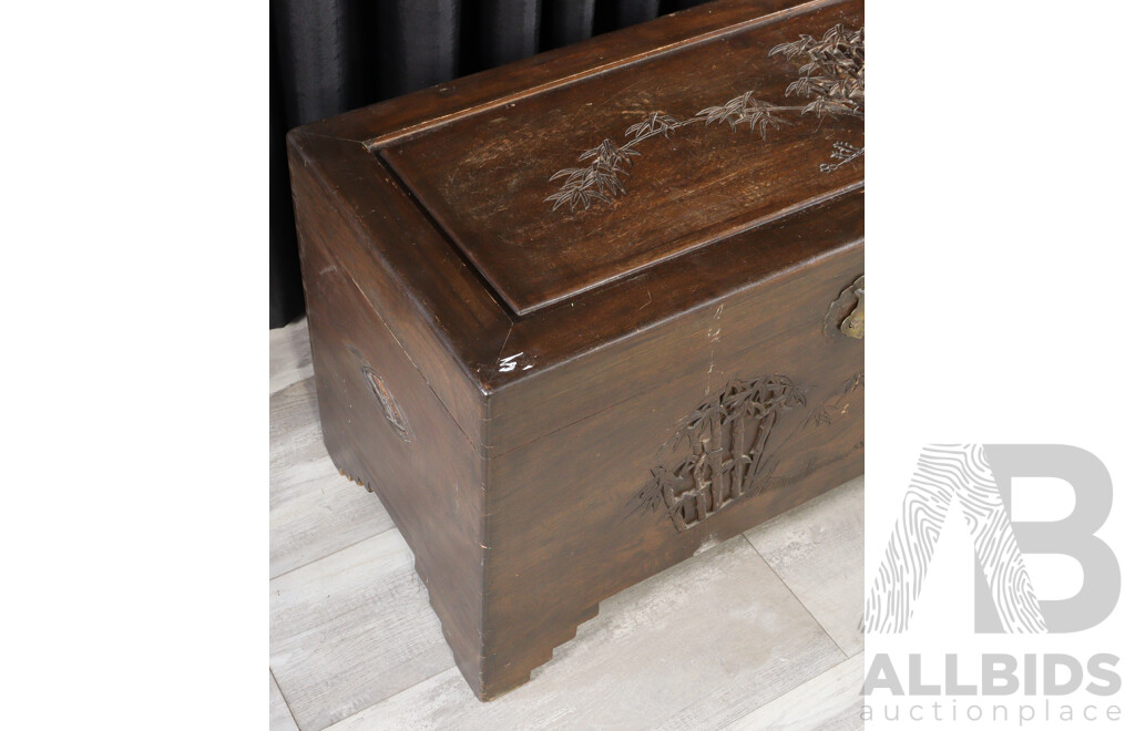 Vintage Chinese Camphorwood Trunk with Carved Detail