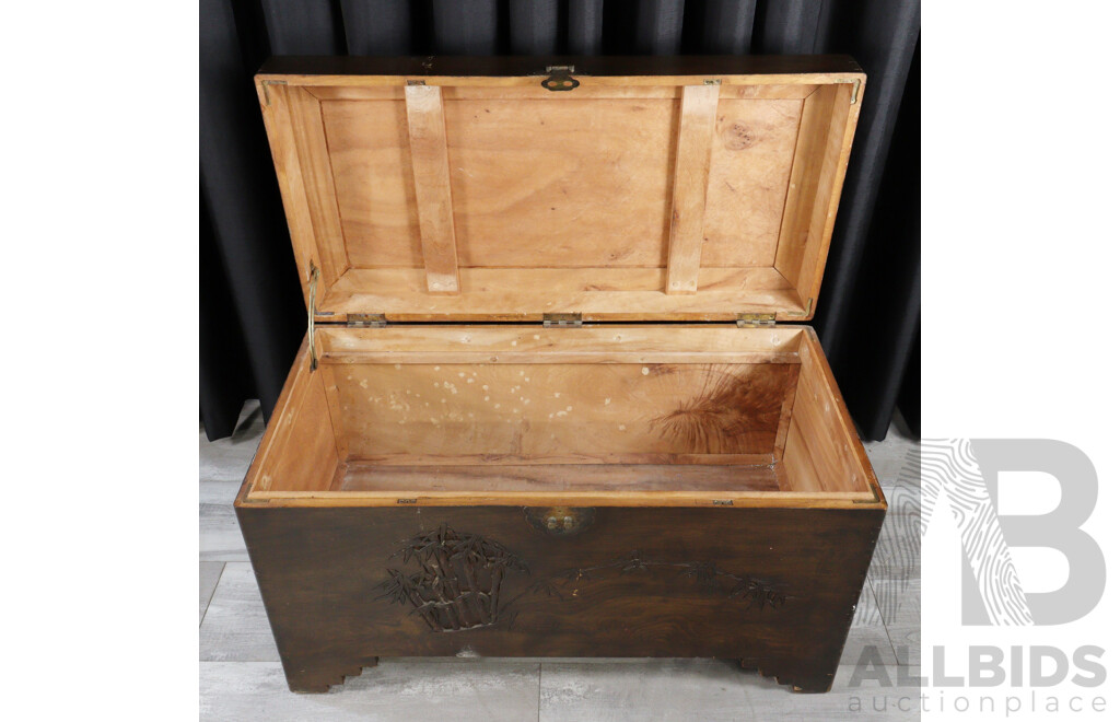 Vintage Chinese Camphorwood Trunk with Carved Detail