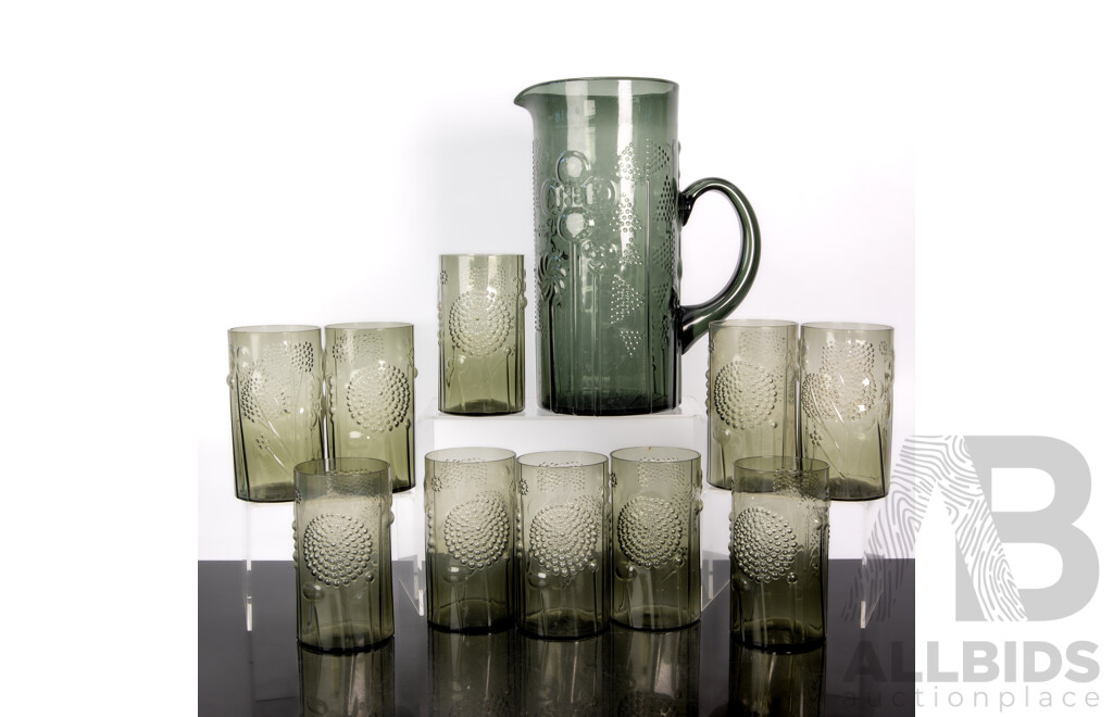 Fantastic Mid Century Eleven Piece Smoked Glass Drinks Set by Oiva Toikka for Nuutajarvi in Flora Pattern