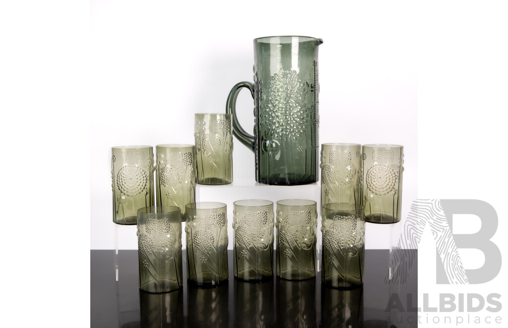Fantastic Mid Century Eleven Piece Smoked Glass Drinks Set by Oiva Toikka for Nuutajarvi in Flora Pattern