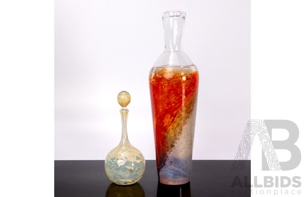 Two Hand Made Studio Art Glass Pieces Including Bottle Signed to Base