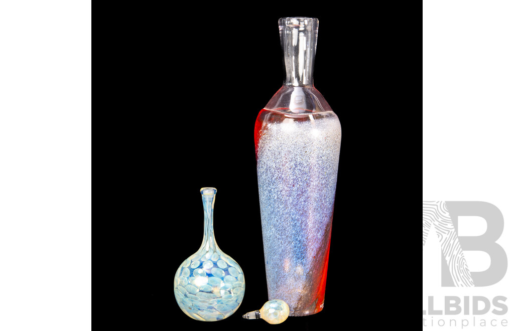Two Hand Made Studio Art Glass Pieces Including Bottle Signed to Base