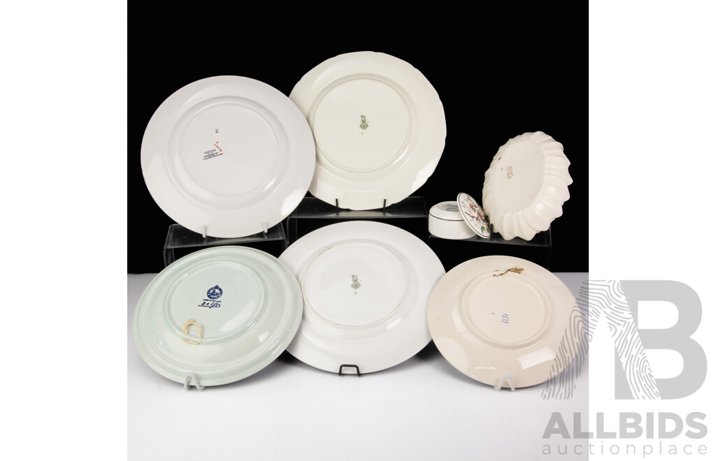 Collection English Porcelain Comprising Three Royal Doulton Cabinet Plates, Spode Velamour Dish, Delft Blue and White Plate & Villeroy & Boch Lidded Dish