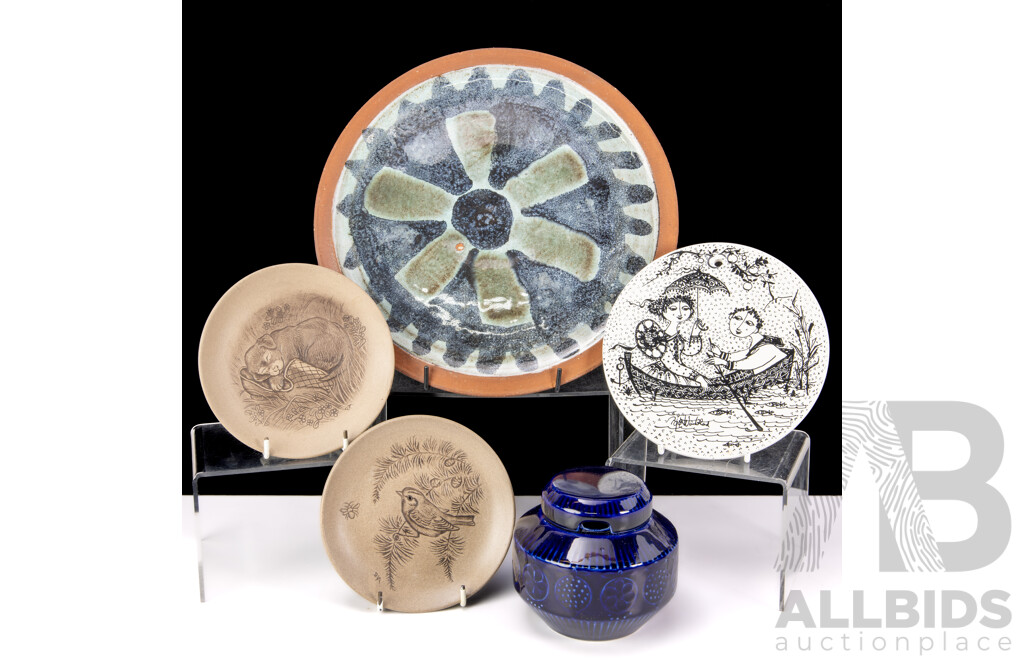 Collection Mid Century Ceramic Comprising Arabia Lidded Canister, Pair Poole Plates, Danish Nymolle Nocturne Plate by Bjorn Wiinblad & Pottery Charger
