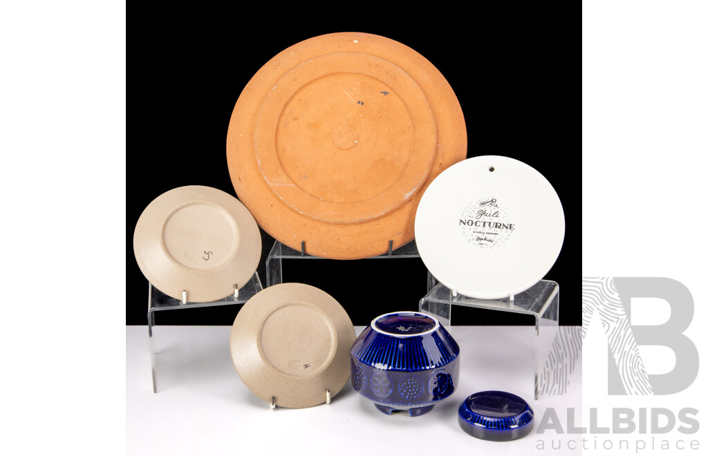 Collection Mid Century Ceramic Comprising Arabia Lidded Canister, Pair Poole Plates, Danish Nymolle Nocturne Plate by Bjorn Wiinblad & Pottery Charger