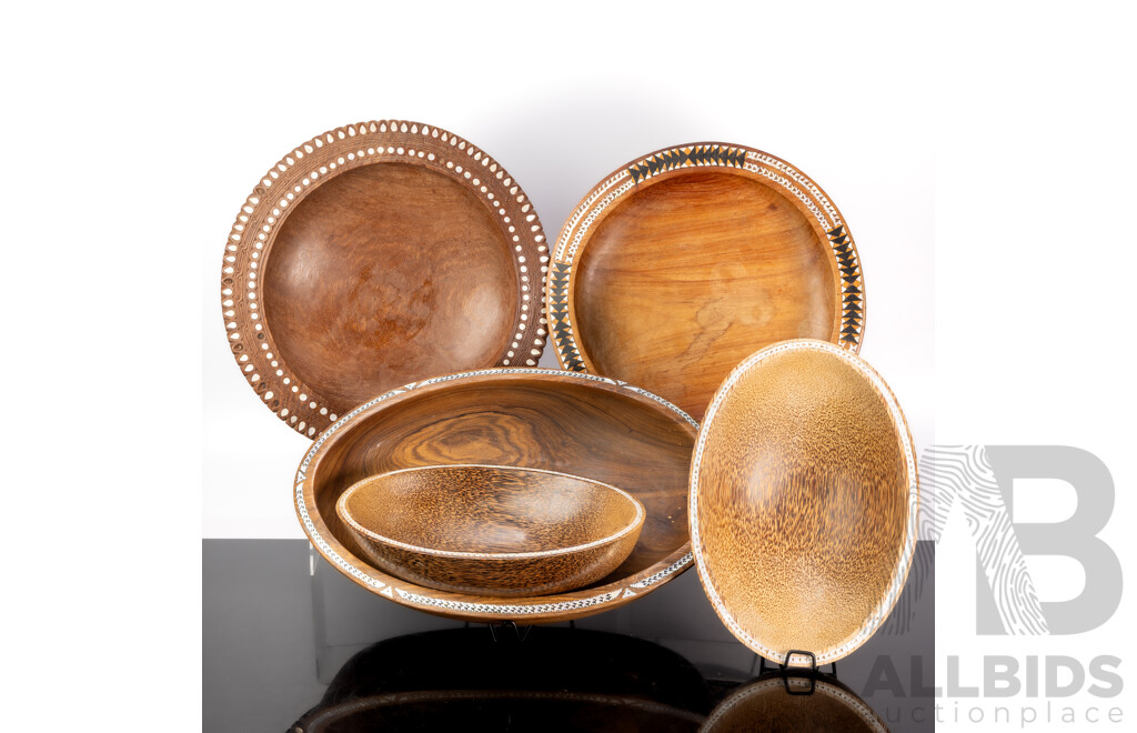Collection Vintage Hand Carved Trobriand Island Bowls with Mother of Pearl Inlay to Exterior