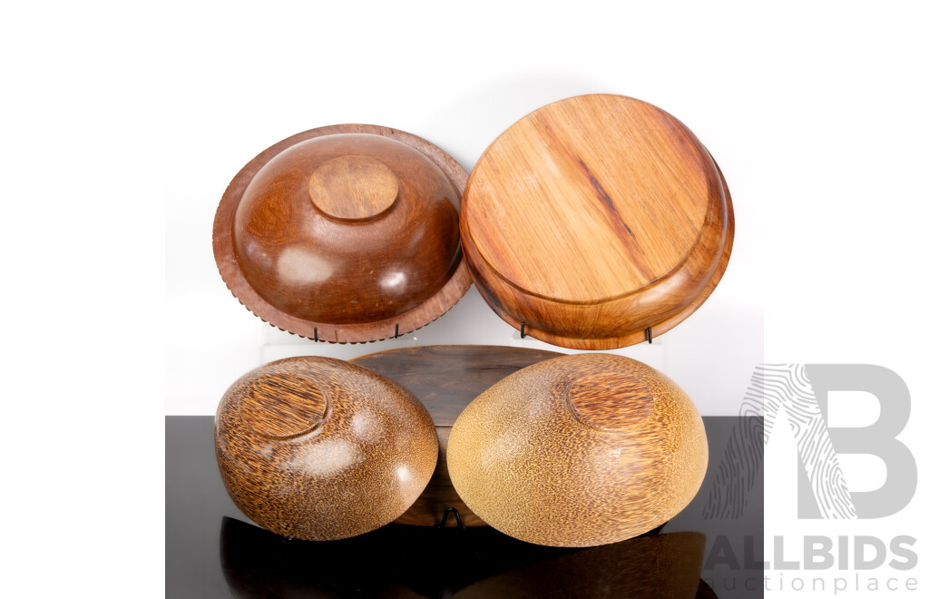 Collection Vintage Hand Carved Trobriand Island Bowls with Mother of Pearl Inlay to Exterior