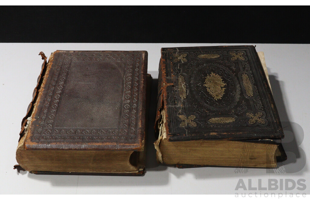 Two Antique Leather Bound Family Bibles, Circa Late 1800s Early 1900s