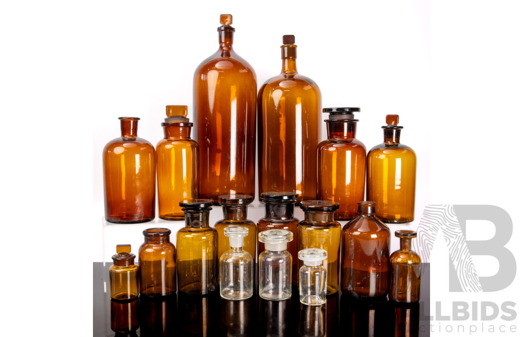 Collection Antique & Vintage Apothecary Bottles, Most with Stoppers