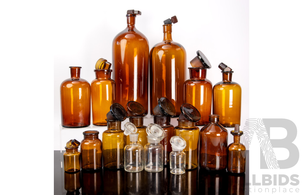 Collection Antique & Vintage Apothecary Bottles, Most with Stoppers