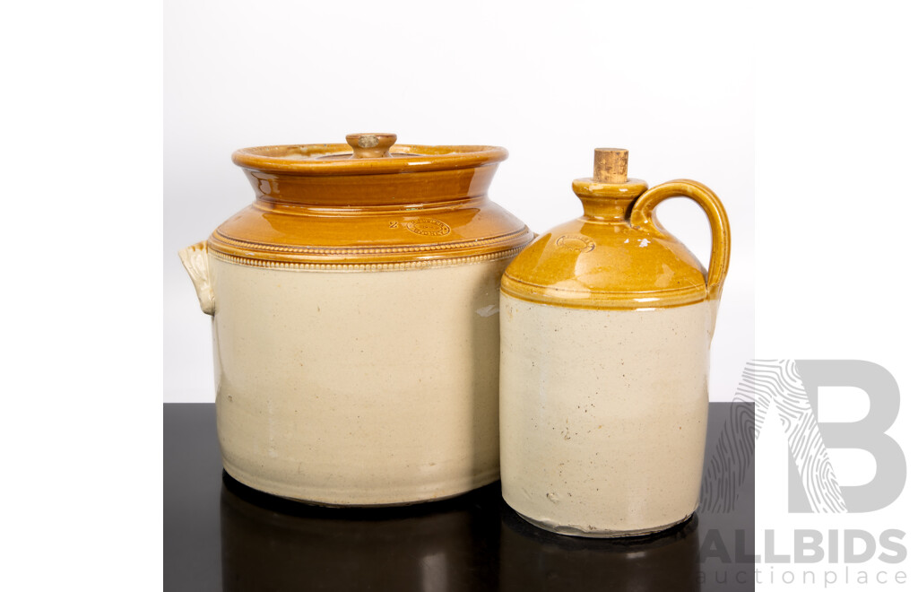 Antique Australian Fowler Sydney Pottery Lidded Crock Along with Fowler Pottery Demijohn with Cork