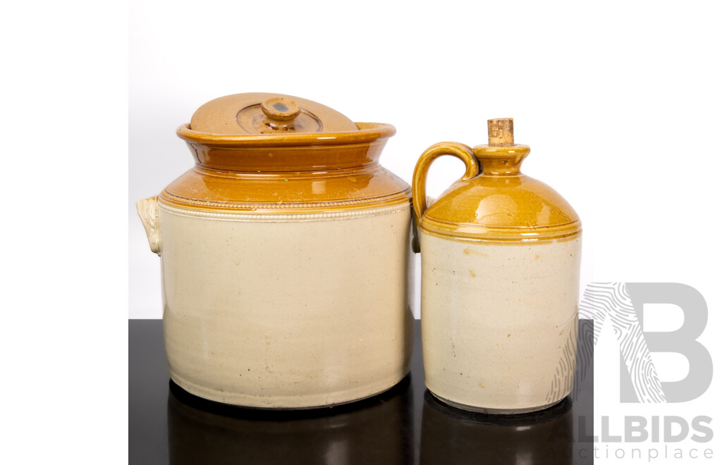 Antique Australian Fowler Sydney Pottery Lidded Crock Along with Fowler Pottery Demijohn with Cork