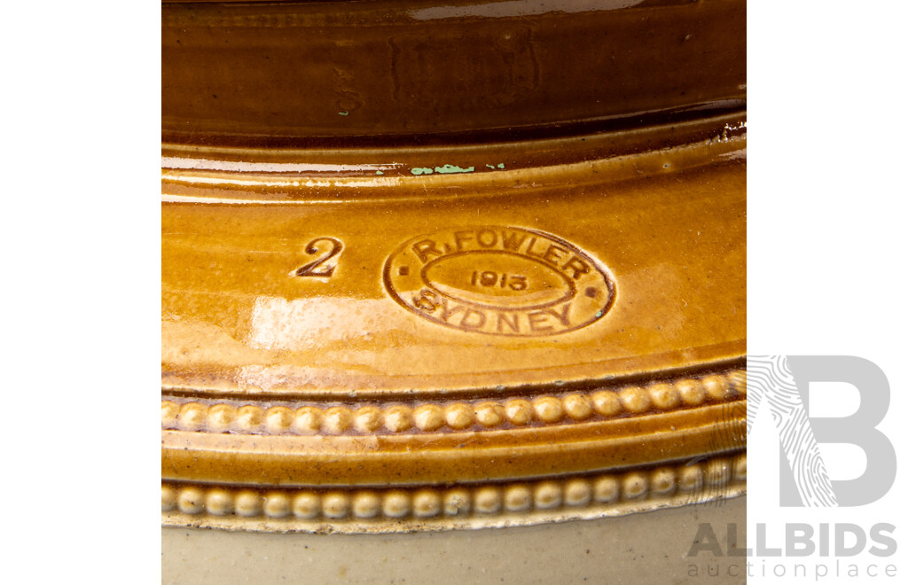 Antique Australian Fowler Sydney Pottery Lidded Crock Along with Fowler Pottery Demijohn with Cork