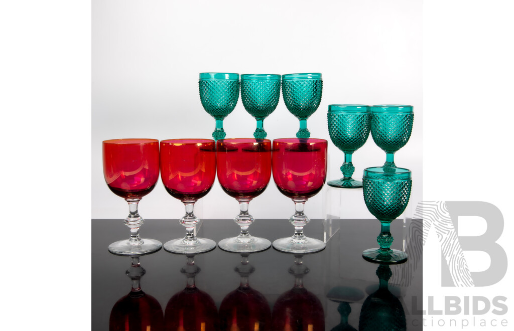 Set Four Vintage Iridescent Ruby Glass Wine Glasses Along with Set Six Emerald Glass Goblets