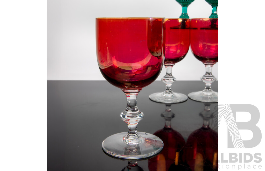 Set Four Vintage Iridescent Ruby Glass Wine Glasses Along with Set Six Emerald Glass Goblets
