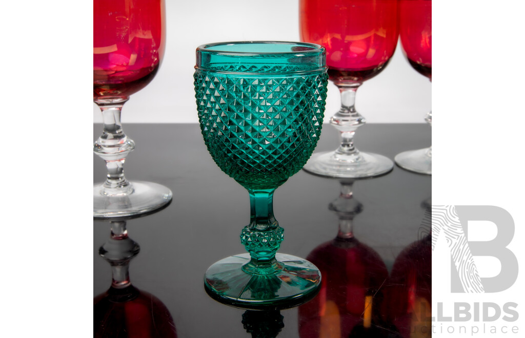 Set Four Vintage Iridescent Ruby Glass Wine Glasses Along with Set Six Emerald Glass Goblets