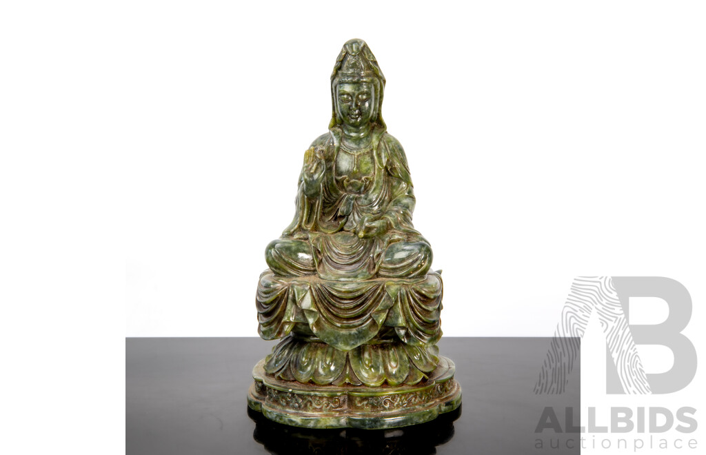 Chinese Carved Green Soft Stone Guan Yin on Lotus Throne Statue
