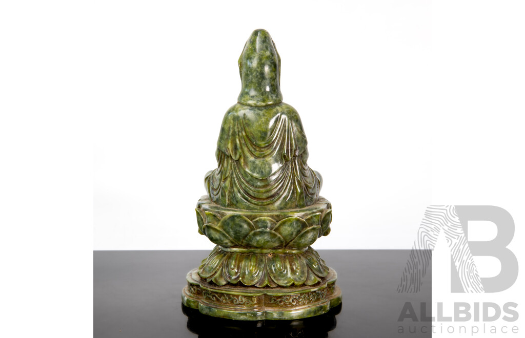 Chinese Carved Green Soft Stone Guan Yin on Lotus Throne Statue