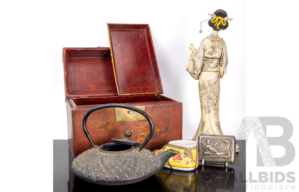 Collection Asian Items Comprising White Metal Cigarette Case with Repousse Naga Motif, Lacquer Ware Box, Composite Geisha Figure, Chinese Porcelain Shoe & Japanese Iron Teapot
