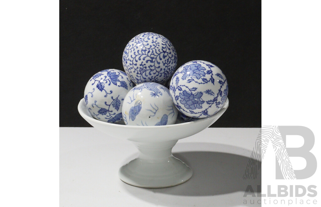 Collection Blue and White Asian Porcelain Spheres on Porcelain Cake Stand