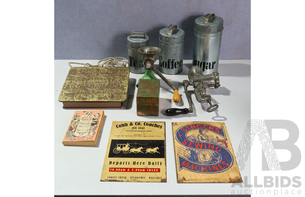Collection Vintage Kitchen Ware Including Bench Mounted Mincer, Set Three Graduating Canisters and More