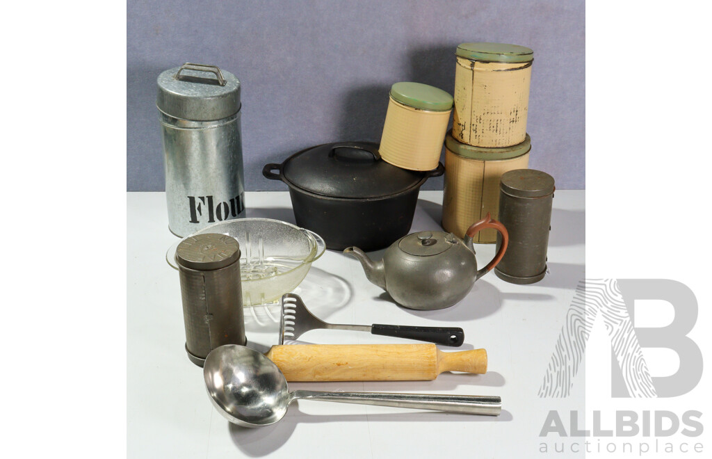 Collection Vintage Kitchen Ware Including Bench Mounted Mincer, Set Three Graduating Canisters and More