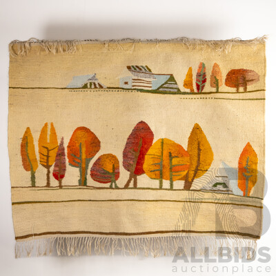 Artist Unknown, (20th Century), Homes Between Autumn Trees, Mid-Century Hand-Woven Wall Hanging, 92 X 188 Cm