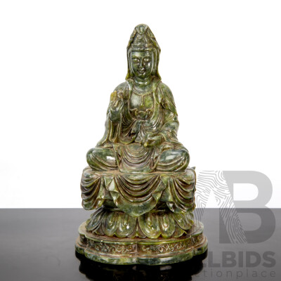 Chinese Carved Green Soft Stone Guan Yin on Lotus Throne Statue