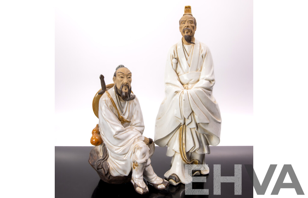 Two Chinese Hand Painted Mud Men Pottery Figures of Scholar and Warrior