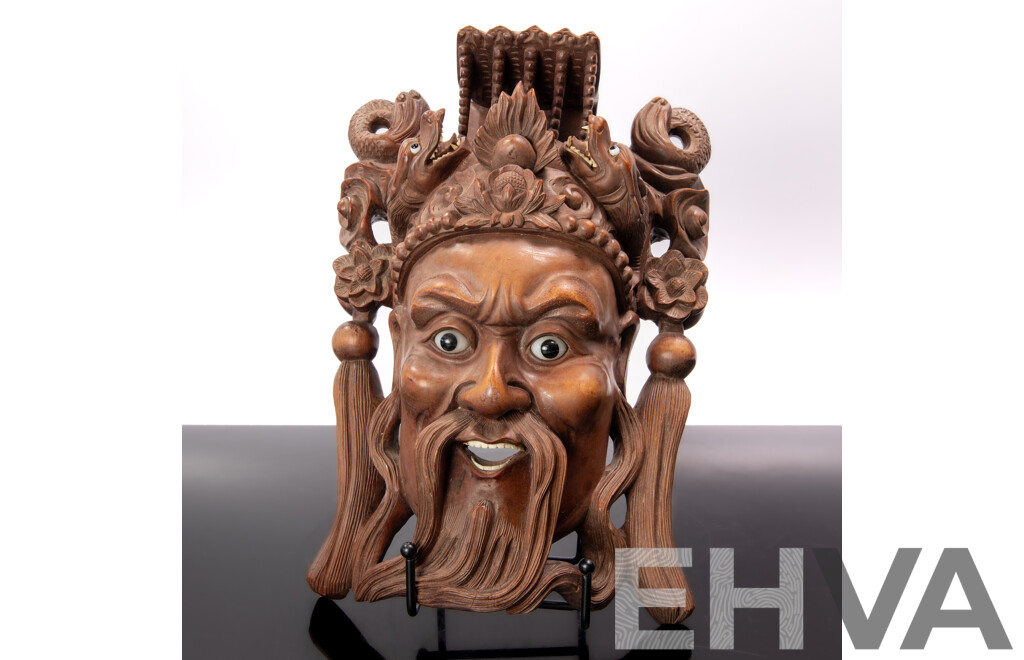 Chinese Carved Wooden Emperor Mask with Dragon Detail to Crown