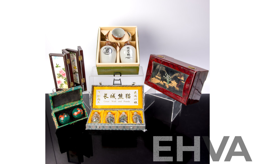 Collection Asian Souvenir Ware Including Japanese Sake Set in Box, Hand Painted Miniature Folding Screen, Set Four Reverse Painted Glass Snuff Bottles in Case, Box with Carved Cork Panel to Top and More