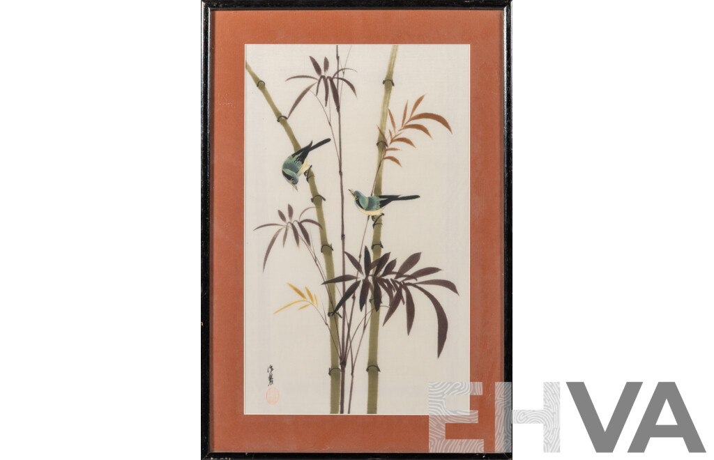 Artist Unknown, (20th Century, Japanese), Pair of Yellow Bellied Birds on Bamboo, Original Vintage Watercolour on Silk Panel, 50 x 34 cm (frame)