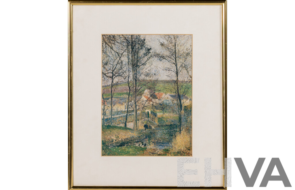 Camille Pissarro (19th Century, Danish-French, 1830-1903), the Banks of the Viosne at Osny, in Grey Weather, Winter (Bords De La Viosne À Osny, Temps Gris, Hiver), Reproduction Print of Original From 1883, 37 x 31 cm (frame)